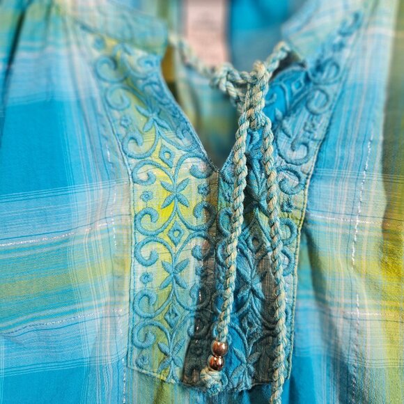 Catherines Plaid Peasant Top Womens 3X Turquoise Green silver Embroidery peasant - Picture 10 of 13